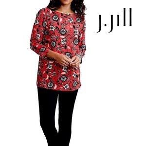 J. Jill Tunic Top Red Floral Filigree Viscose Rayon Boat Neck Keyhole Back